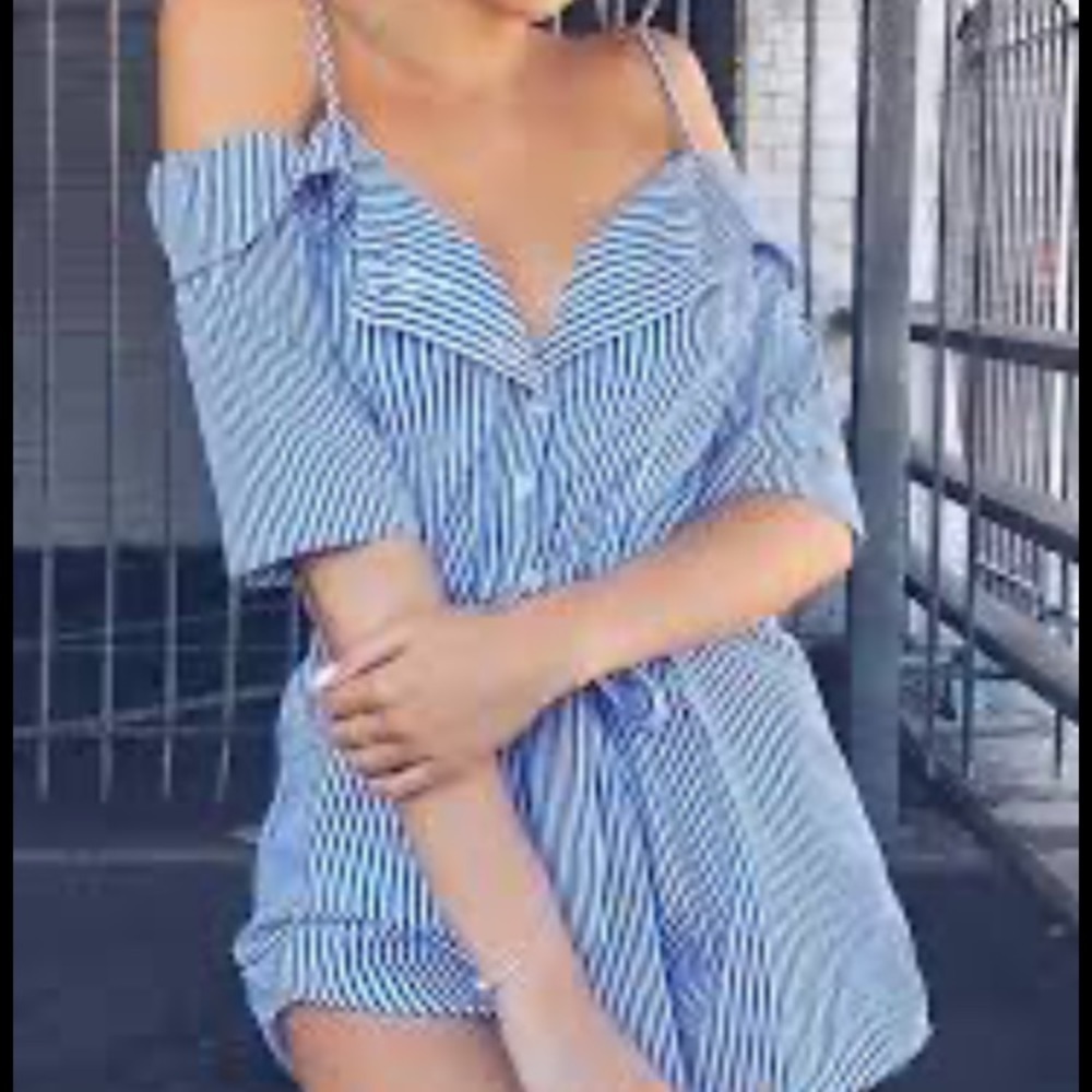 Sneak Peak Shirt Dress Railroad Mini Pinstriped Belted Cuff Sleeves Pocket Beach - Picture 2 of 13